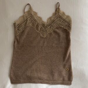 Knit brown cashmere lace tank top